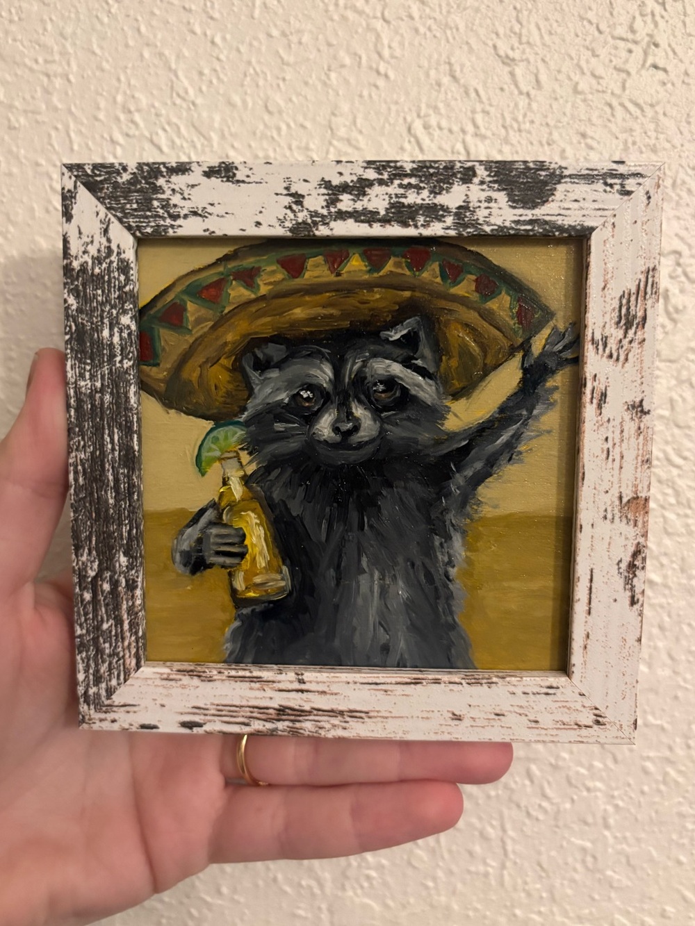 "Raccoon Relaxinโ Original oil painting on wood board mini framed 4x4"